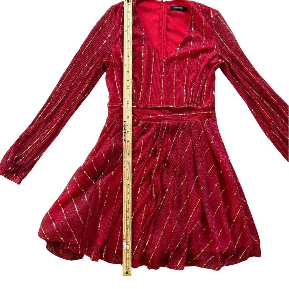 Chic Me Red Gold Sequin Stripe Dress Large V-Neck Long Sleeve Pleated Holiday - Picture 8 of 11